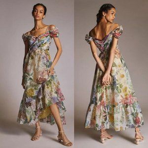 ANTHROPOLOGIE Organza Floral Maxi Dress Ruffles Geisha Designs Size 0 Like New